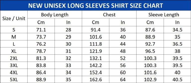 Long Sleeve Shirts Size Chart