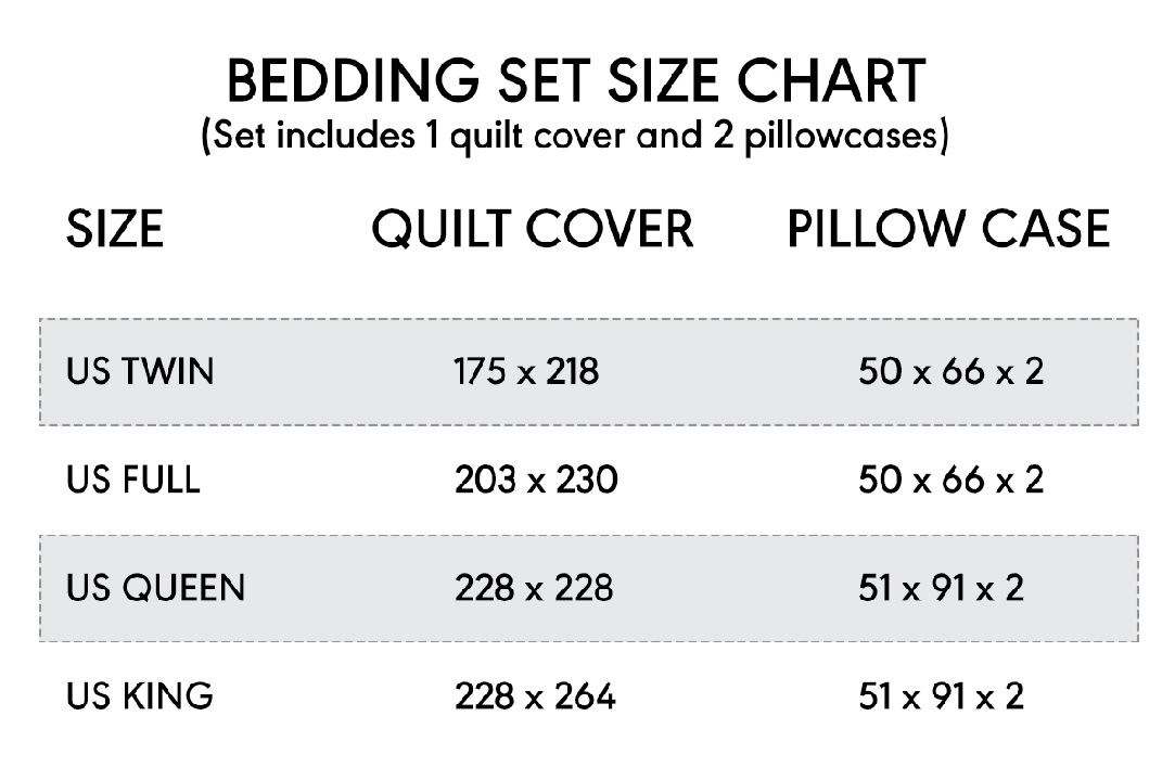 Bedding Set Size Chart - Grinds Shop